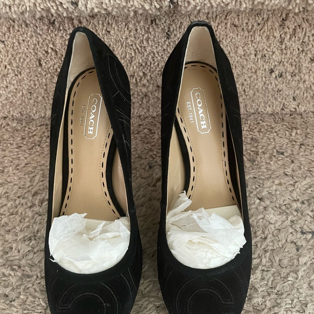 Cute black suede Coach platform heels!!